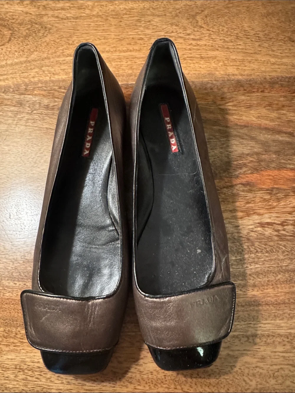 Prada Brown Leather Square-Toe Flats with Black Patent Toe